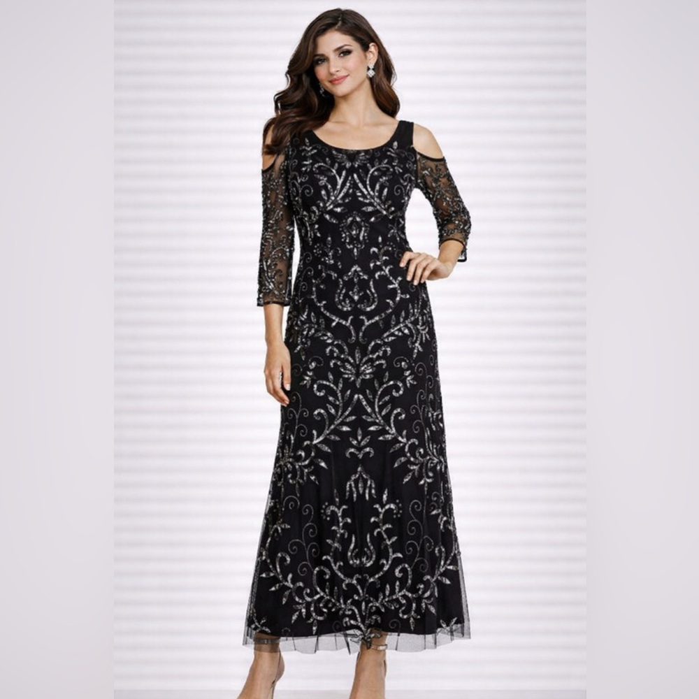 Pisarro Nights Dress 10 Black Long Sequin Beaded Wedding Party Formal NEW